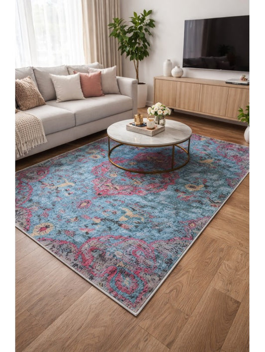 Килим в синьо с розов орнамент – винтидж ориенталски дизайн