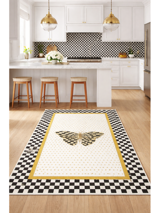 Килим за кухня с пеперуда и шахматен бордюр