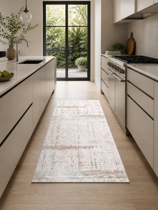 Перящ килим в бежово с пастелни акценти – модерен, противоплъзгащ, за робот