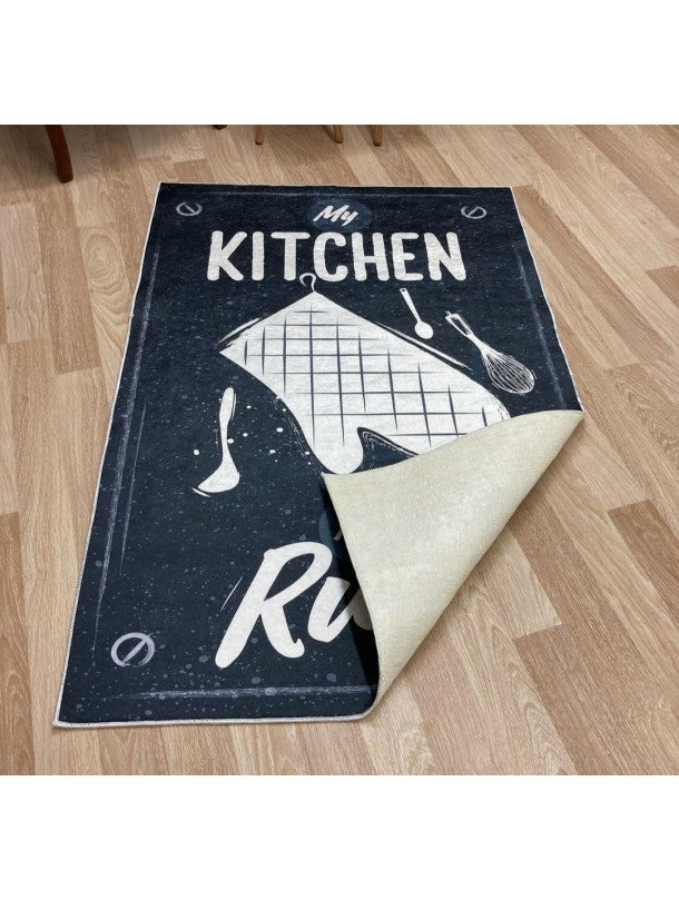 Килим за кухня My Kitchen My Rules в черно и бяло