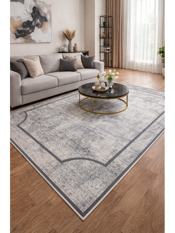 Килим в сиво с винтидж ефект – изчистен модерен дизайн