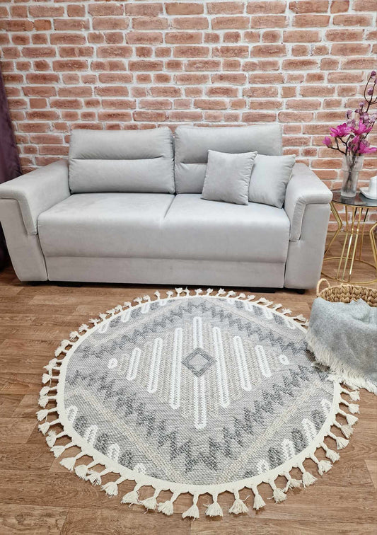 Тъкан КИЛИМ в кръгла форма в скандинавски стил в неутрални цветове