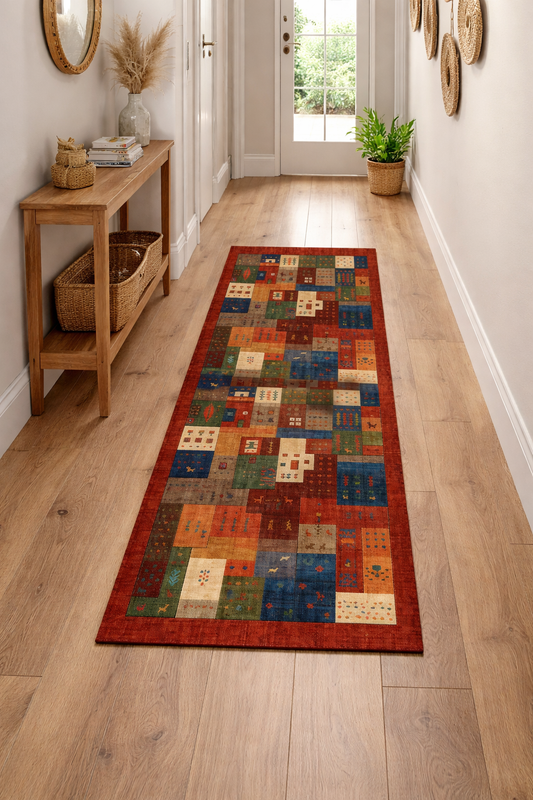 Пътека тип пачуърк в етно стил в червено, зелено и земни тонове