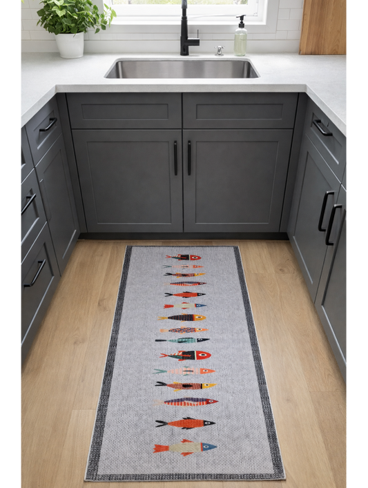 Килим за кухня от бамбук в сиво и оранжево – Рибки