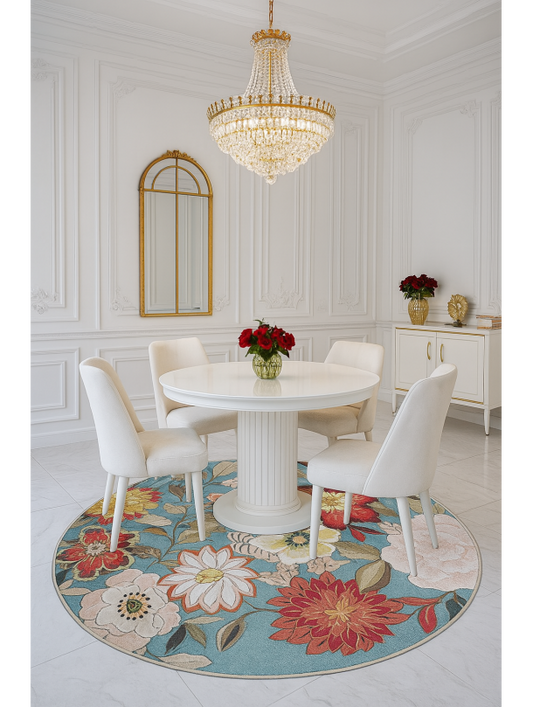 Кръгъл цветен килим с флорални мотиви – декорация за хол или спалня