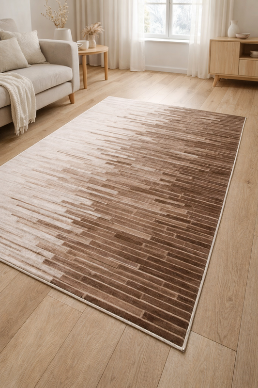 Модерен килим в бежово и кафяво с преливащ геометричен десен