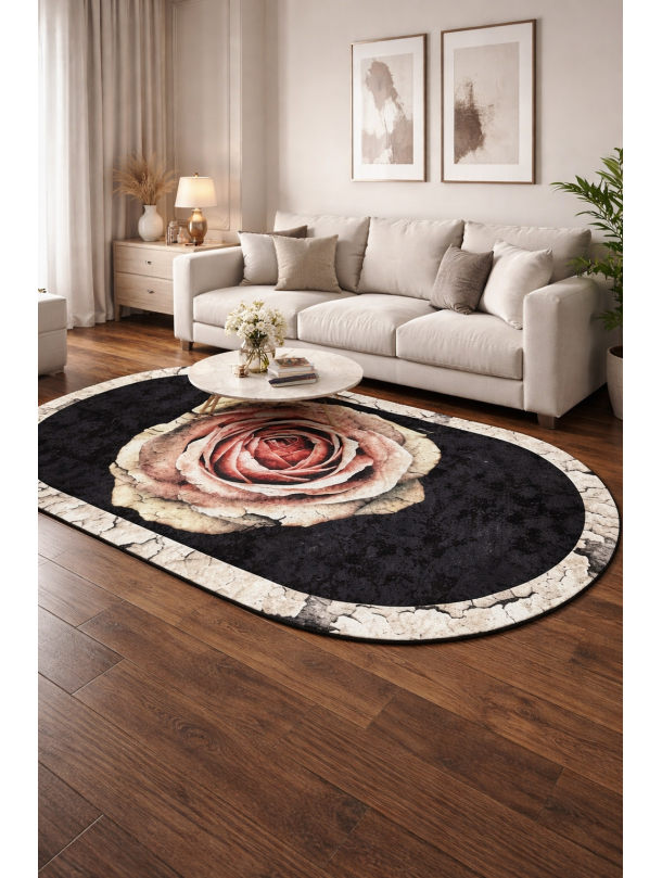 Овален килим с роза – флорален дизайн в черно и бежово