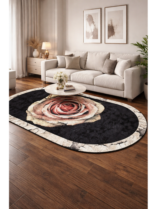 Овален килим с роза – флорален дизайн в черно и бежово