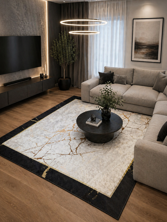 Килим с мраморен ефект в черно, бежово и златно