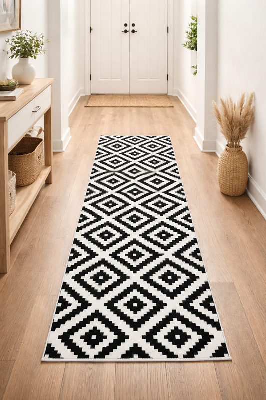 Пътека в скандинавски стил с геометричен десен в бяло и черно