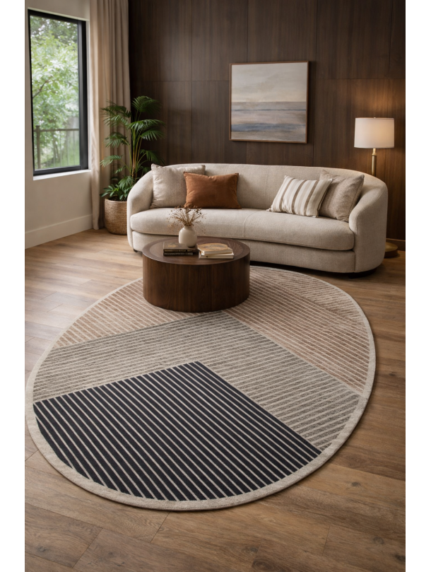 Овален килим в бежово и сиво – модерен геометричен дизайн
