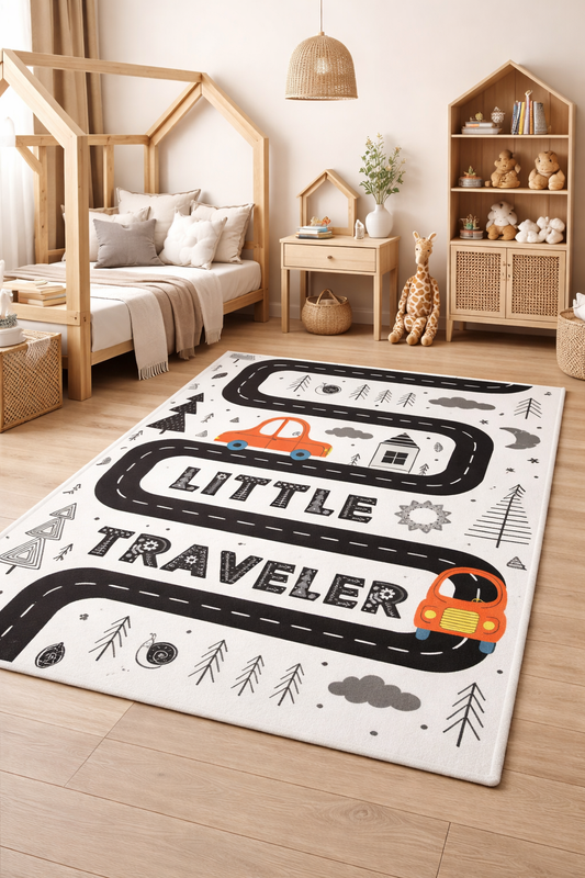 Детски килим с бяла основа, път и коли - Little Traveler