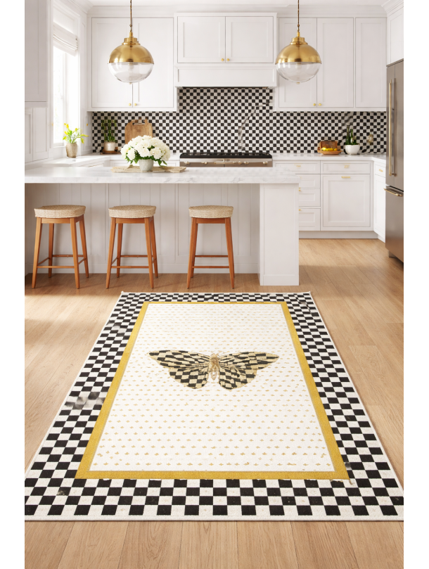 Килим за кухня с пеперуда и шахматен бордюр