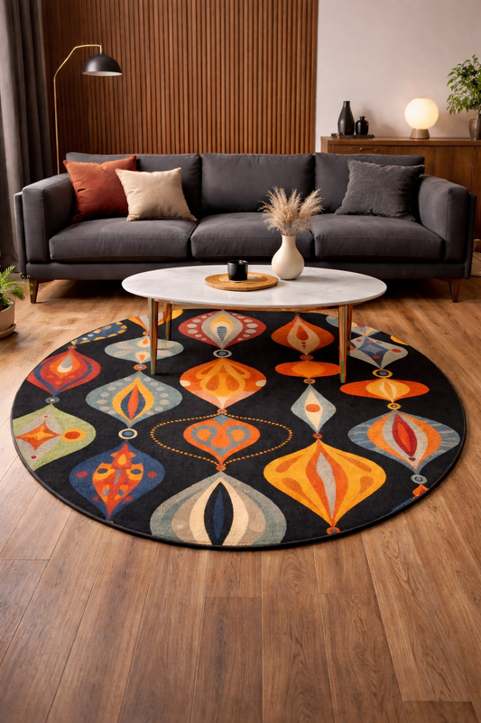 Кръгъл модерен килим в черно с цветни фигури в оранжево, синьо и бежово