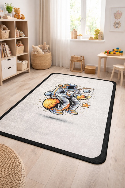 Килим с космонавт и планети – модерен сив килим за тийн стая