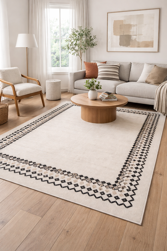 Бежов килим с декоративен бордюр в бохо стил