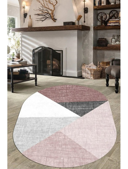 Овална пътека в розово, сиво и бяло с геометричен дизайн