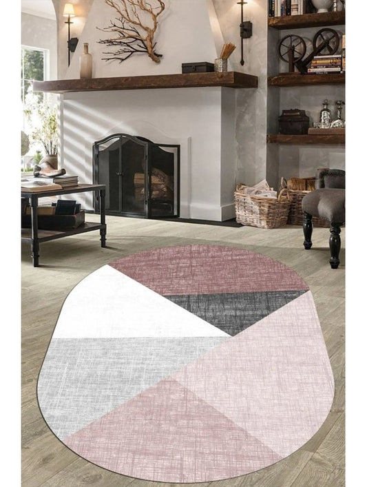 Овална пътека в розово, сиво и бяло с геометричен дизайн