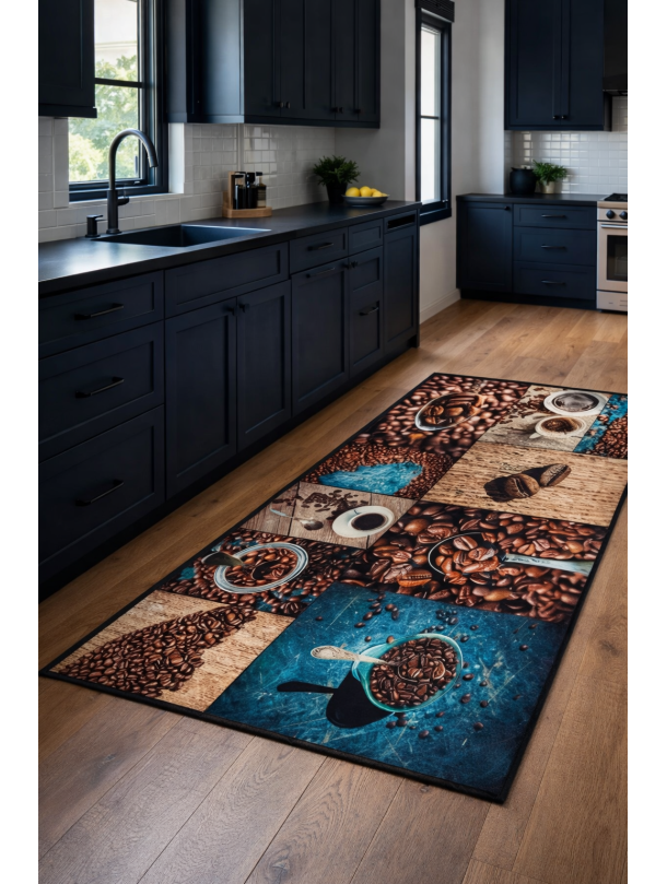 Килим за кухня с кафе дизайн и син акцент