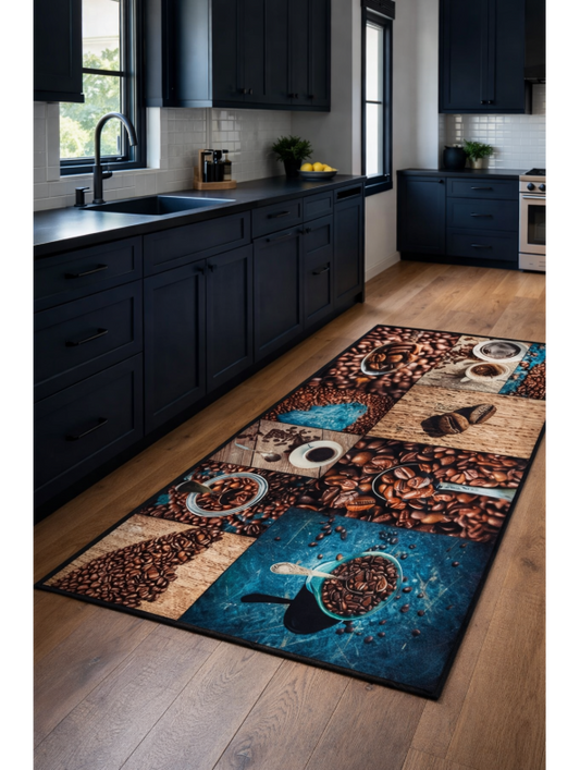 Килим за кухня с кафе дизайн и син акцент