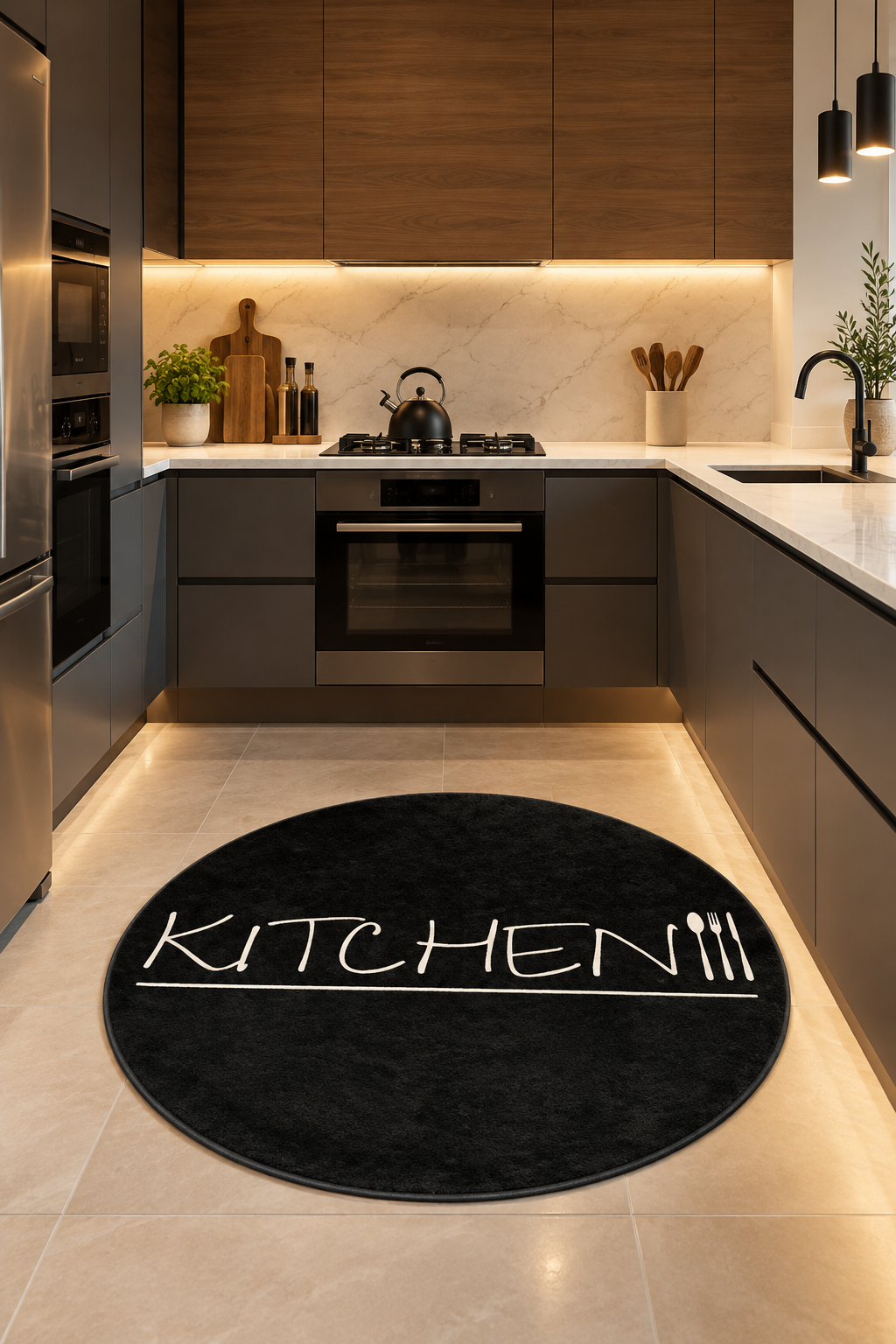 Кръгъл черен килим за кухня с бял надпис KITCHEN – модерен дизайн