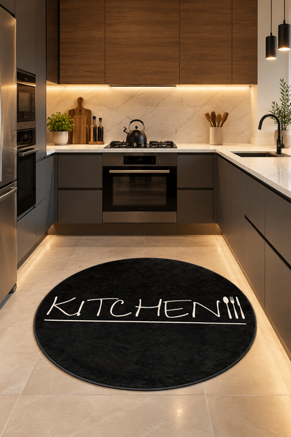 Кръгъл черен килим за кухня с бял надпис KITCHEN – модерен дизайн