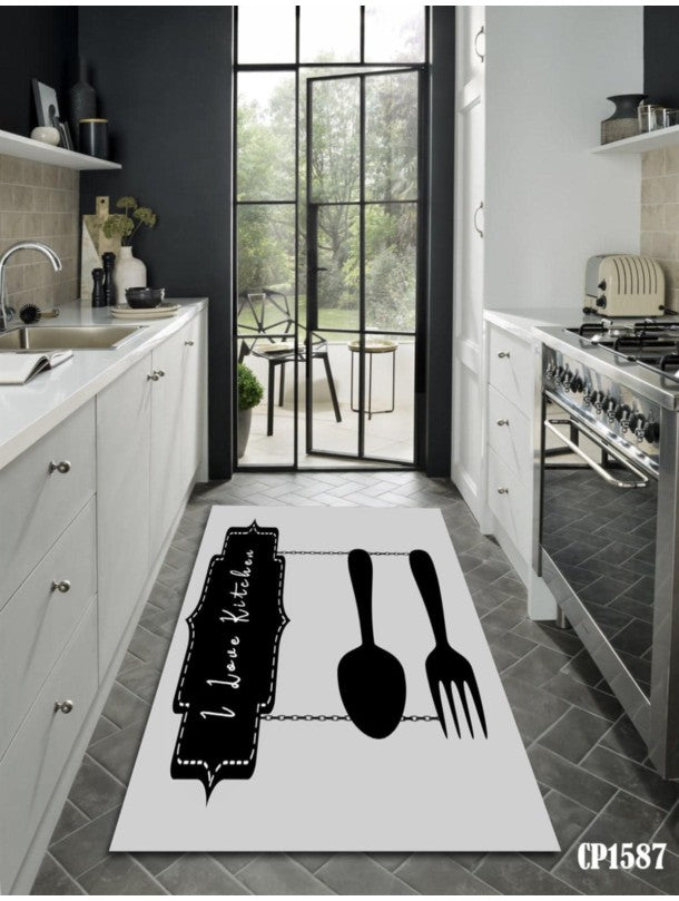 Килим за кухня „I Love Kitchen“ – сиво и черно