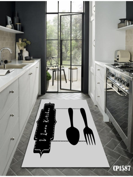 Килим за кухня „I Love Kitchen“ – сиво и черно