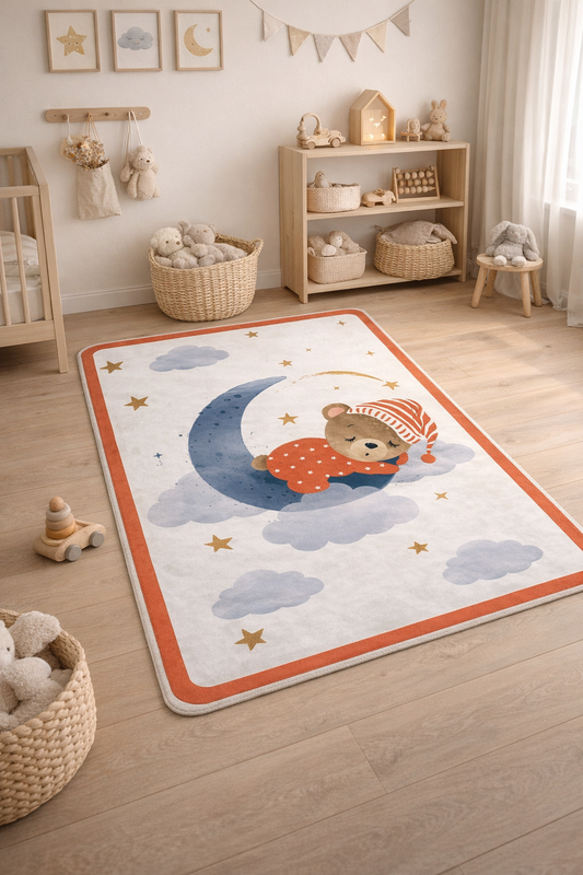 Детски килим в бяло и оранжево - СПЯЩО МЕЧЕ