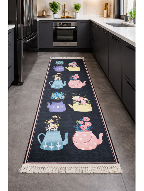 Килим за кухня с чайници и цветя – артистичен дизайн