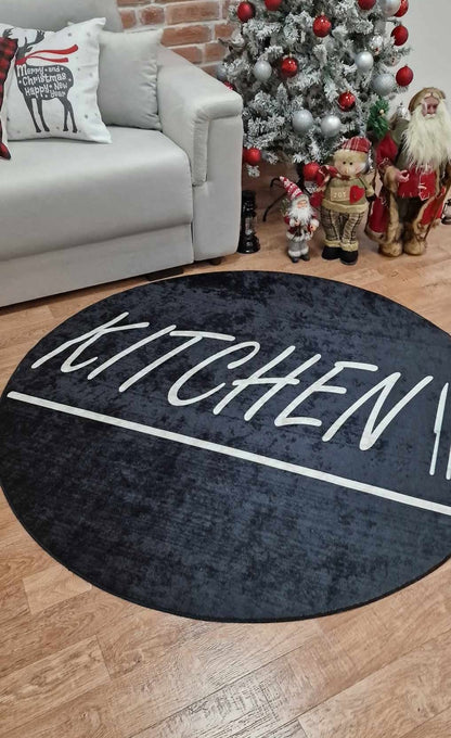 Кръгъл черен килим за кухня с бял надпис KITCHEN – модерен дизайн