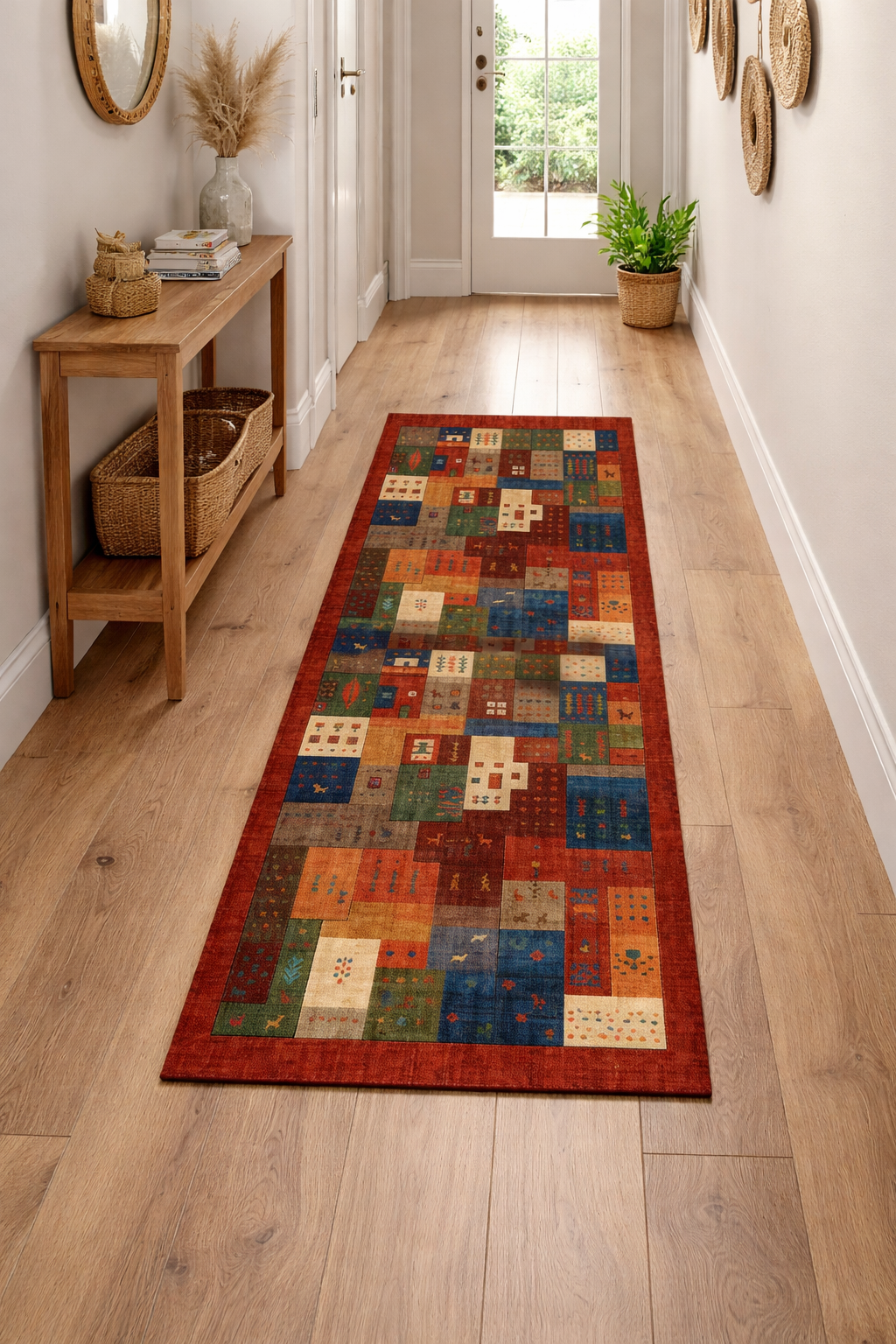 Пътека тип пачуърк в етно стил в червено, зелено и земни тонове