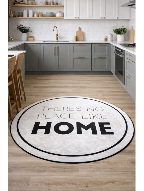 Кръгъл килим с надпис “There’s No Place Like Home” в черно и бяло
