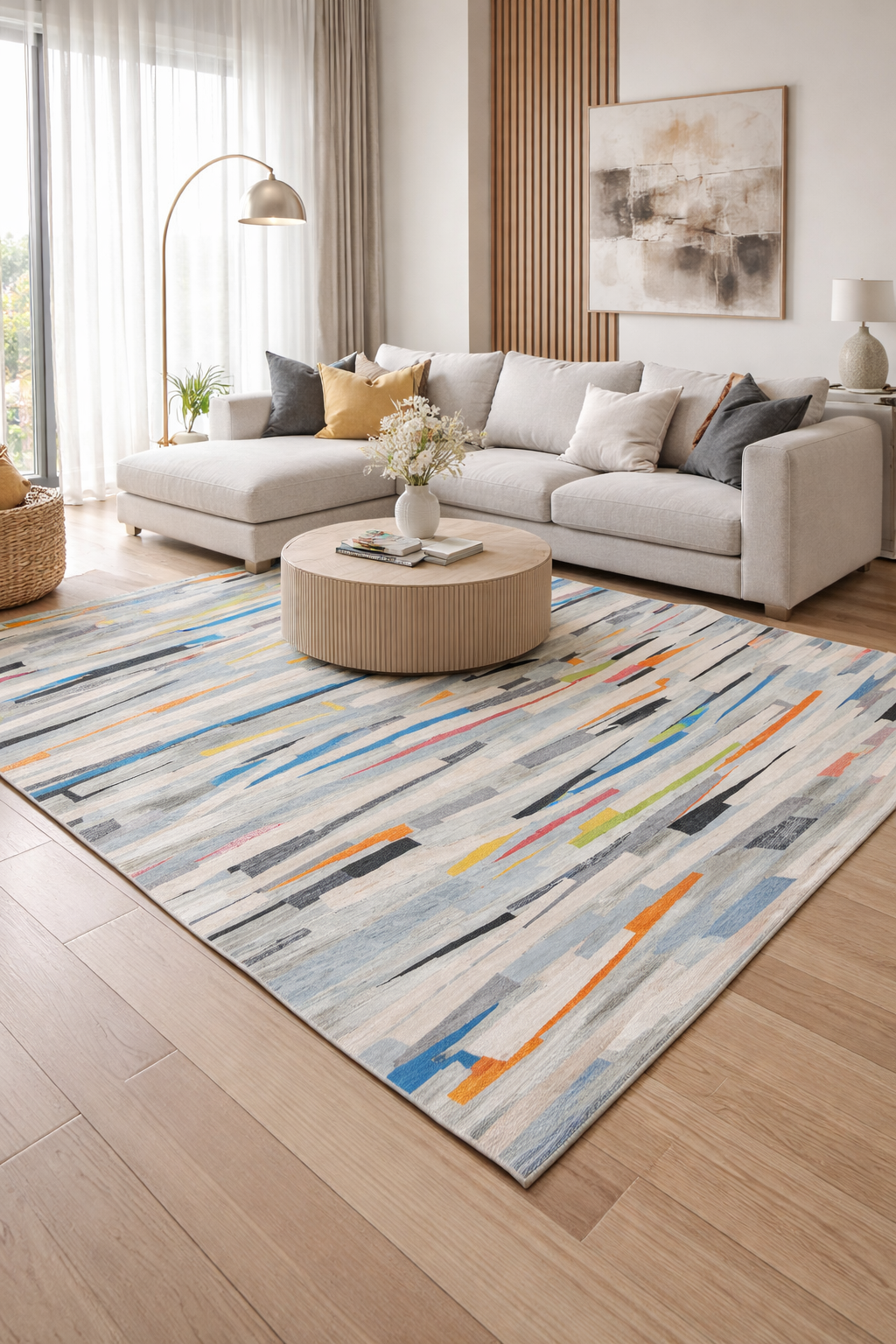 Килим от ШЕНИЛ с абстрактен модерен дизайн в светли и многоцветни нюанси - АКВАРЕЛ
