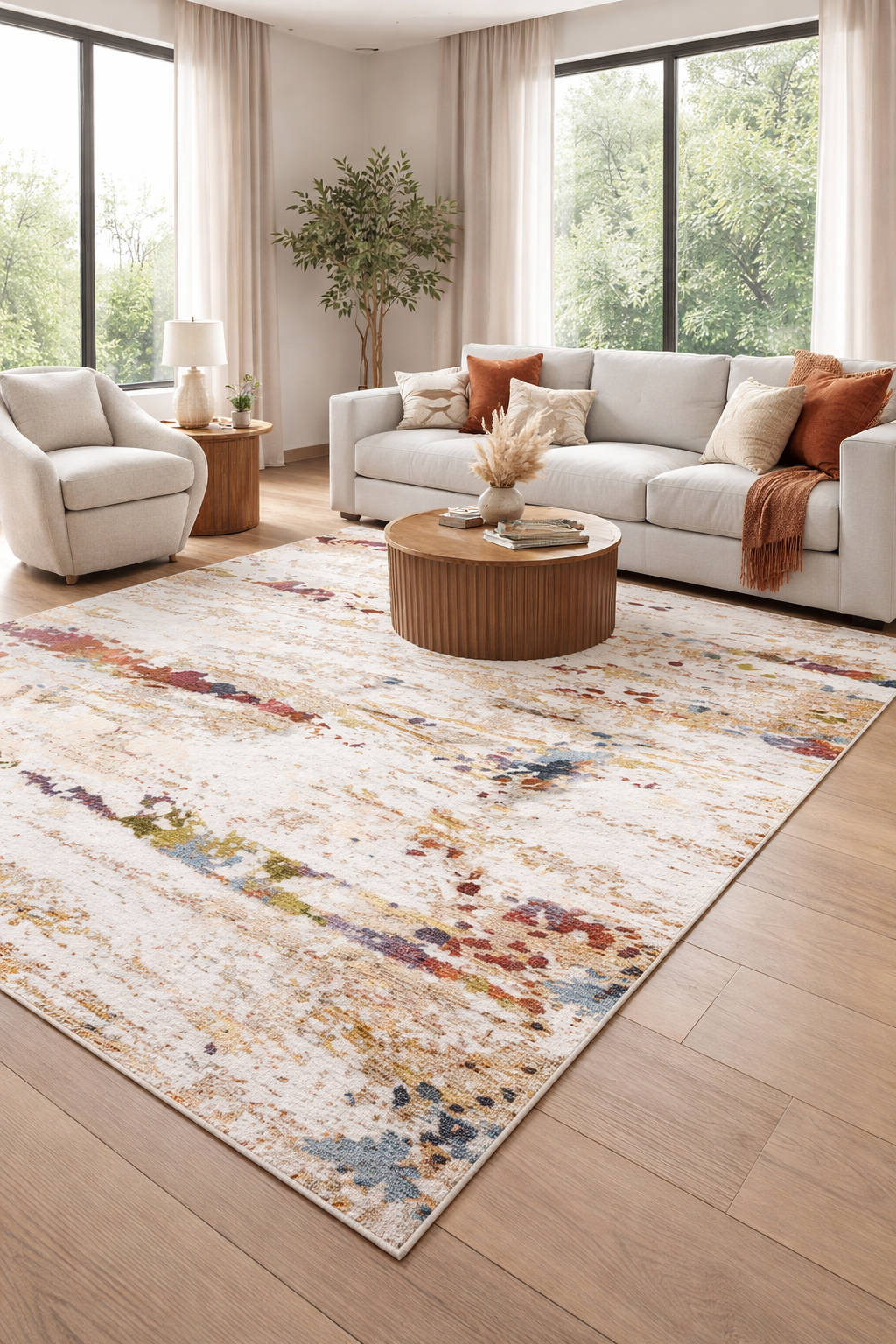 Килим с абстрактен винтидж дизайн в сиво с цветни акценти