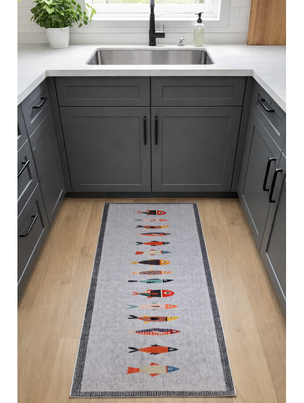 Килим за кухня от бамбук в сиво и оранжево – Рибки