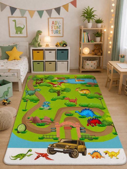 Зелен детски килим - ДИНОЗАВРИ