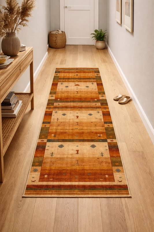 Пътека в етно стил в оранжево и охра с декоративни мотиви