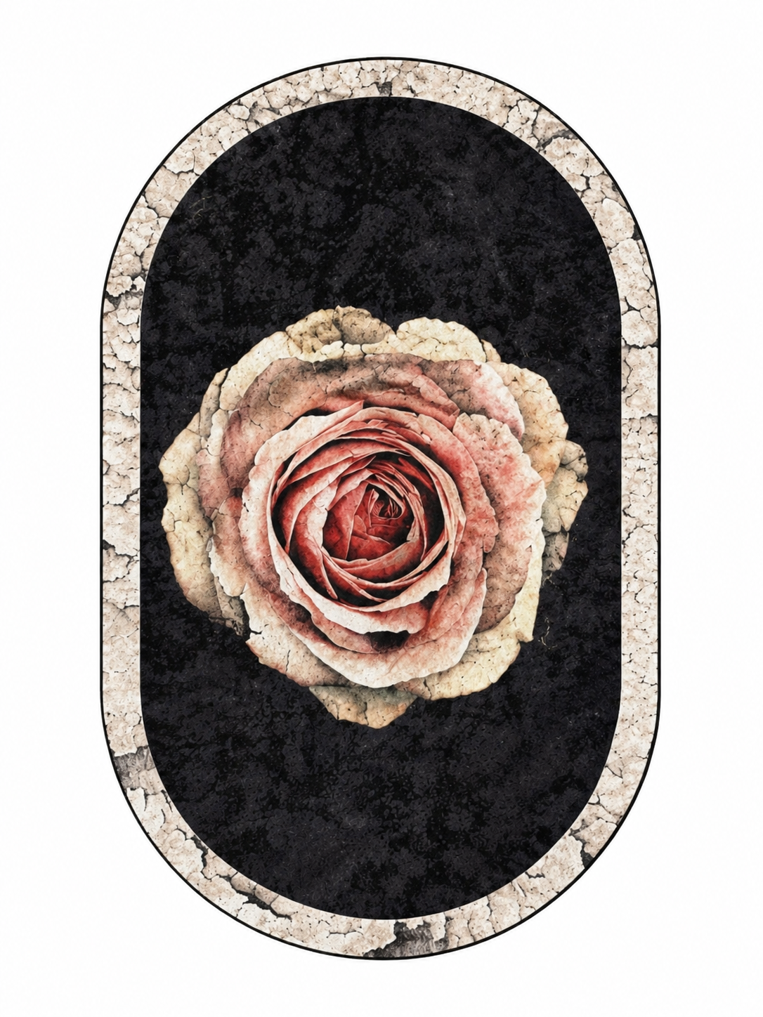 Овален килим с роза – флорален дизайн в черно и бежово