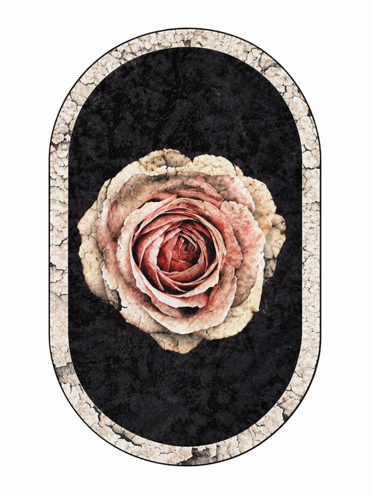 Овален килим с роза – флорален дизайн в черно и бежово