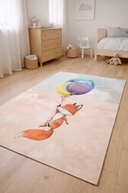 Нежен детски килим в пастелни цветове - ЛИСИЧКА С БАЛОНИ