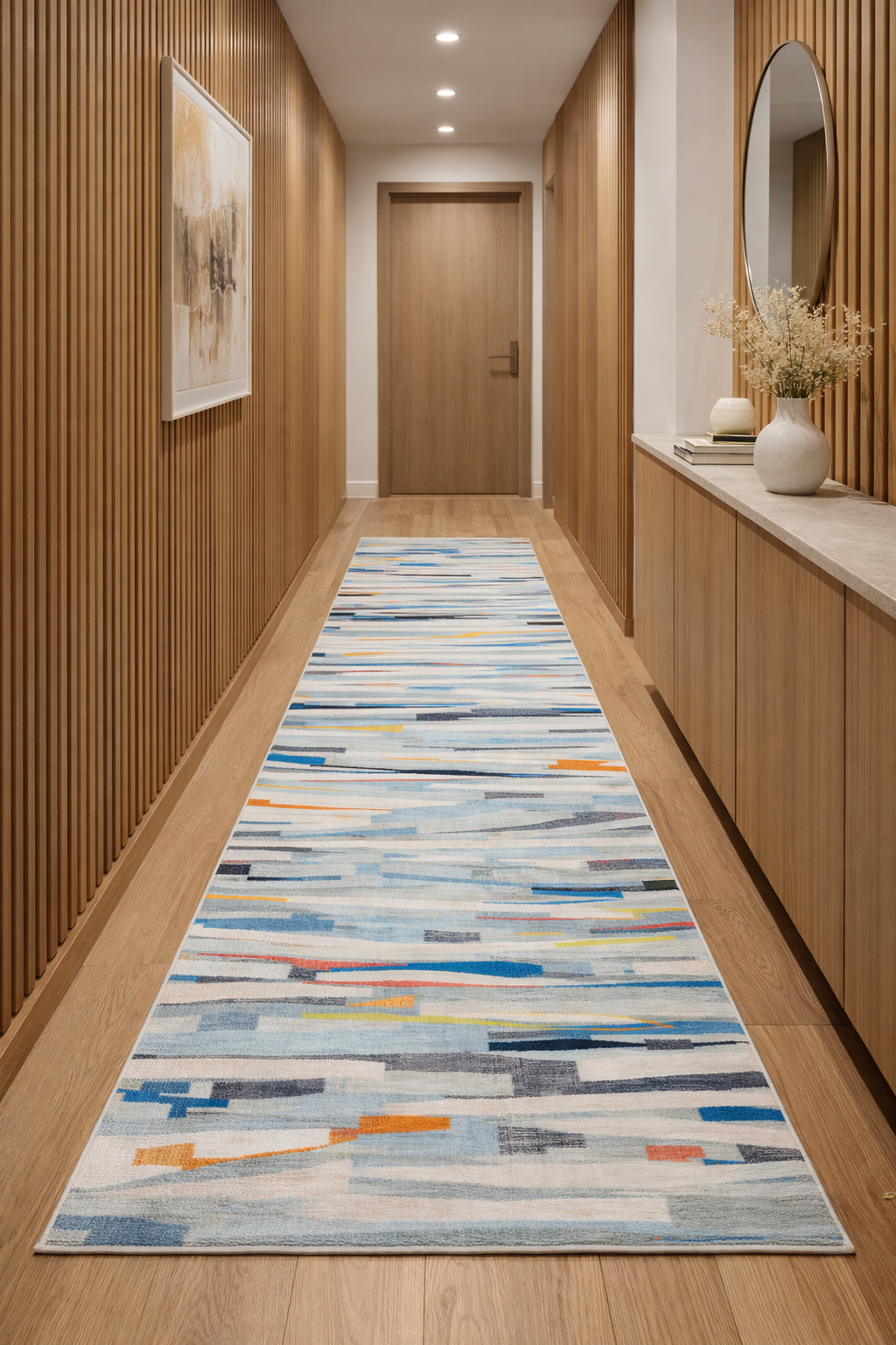 Килим от ШЕНИЛ с абстрактен модерен дизайн в светли и многоцветни нюанси - АКВАРЕЛ