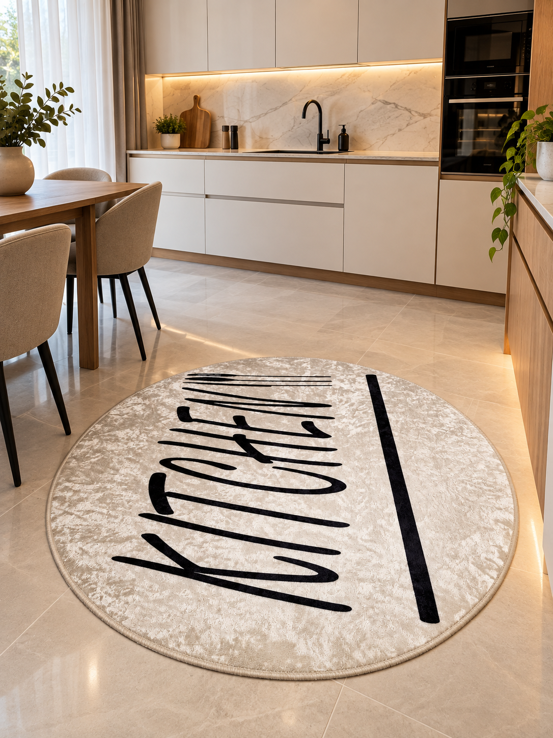 Кръгъл кухненски килим с надпис “Kitchen”