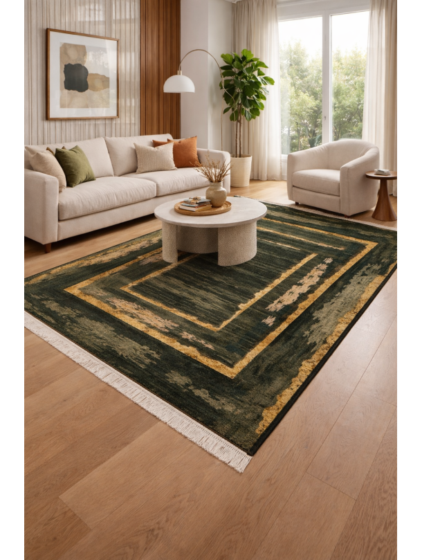 Килим в тъмнозелено и жълто – модерен абстрактен дизайн