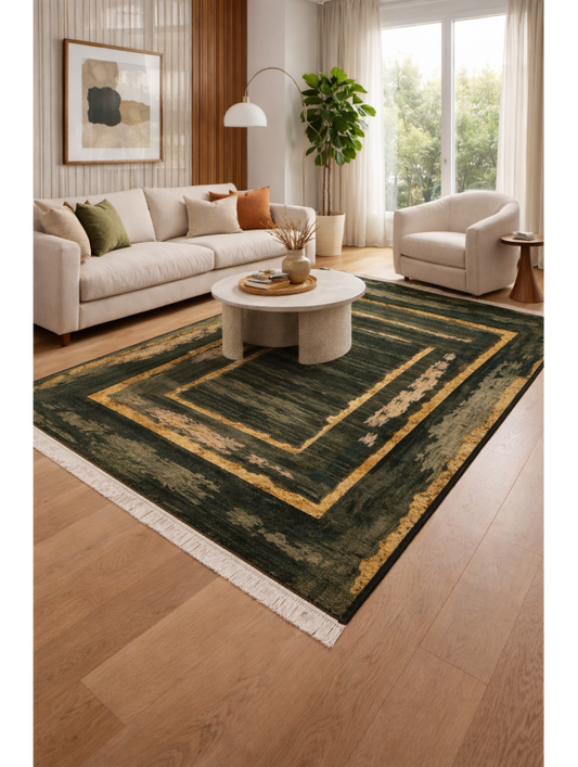 Килим в тъмнозелено и жълто – модерен абстрактен дизайн