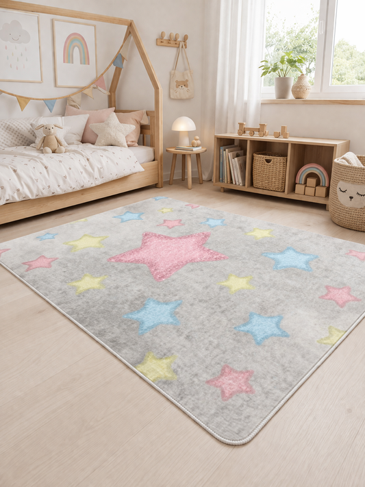 Детски килим със звезди в сиво, розово и синьо – килим за момиче и момче