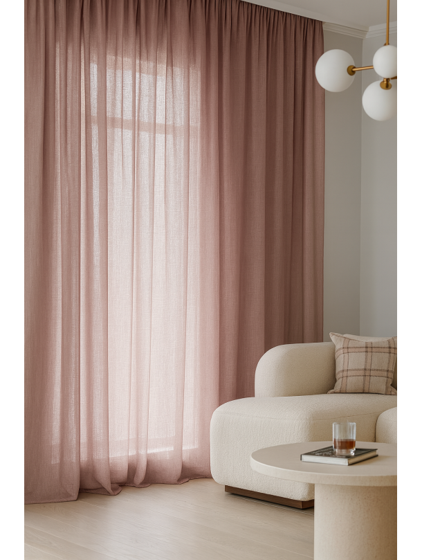 Полупрозрачно тънко перде в цвят ПУДРА с текстура на лен