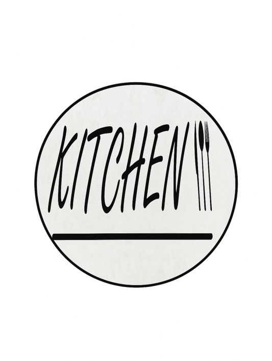 Кръгъл кухненски килим с надпис “Kitchen”