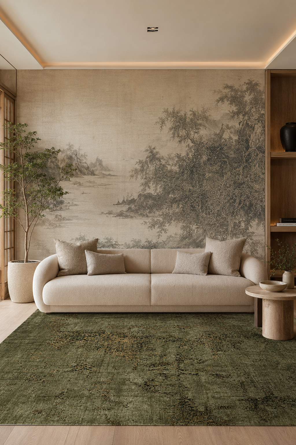 Килим в маслинено зелено и златисто с противоплъзгаща основа