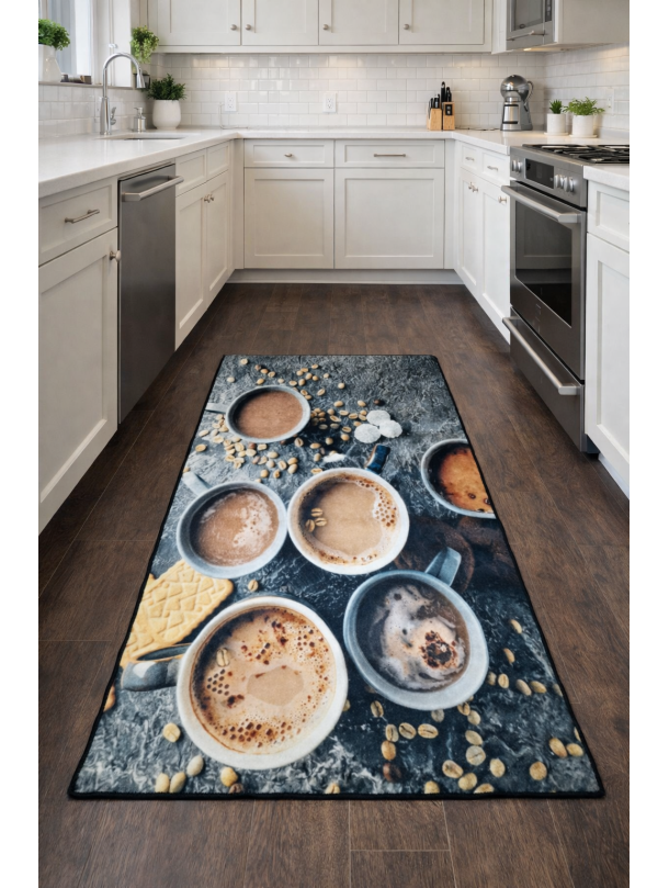 Килим за кухня кафе в сиво – перящ и противоплъзгащ